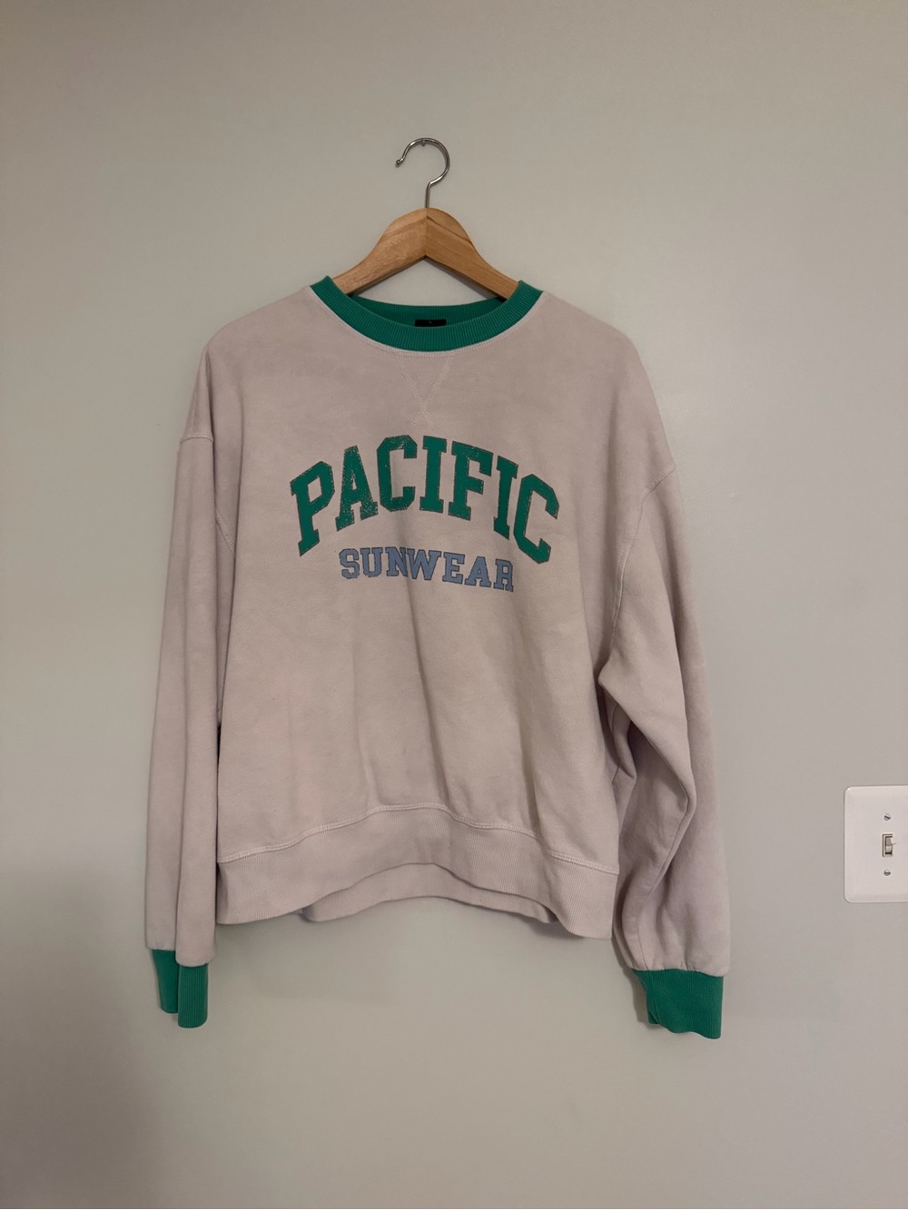 Pacific Sunwear Beige Crewneck Sweatshirt with Green Trim